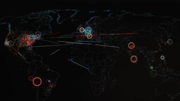 carte du monde avec différentes cibles de cyberattaque. concept de piratage et de technologie. prise de vue macro aux pixels du moniteur video