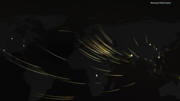 carte du monde avec différentes cibles de cyberattaque. concept de piratage et de technologie. prise de vue macro aux pixels du moniteur video