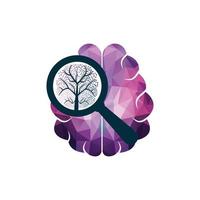 lupa de cerebro orgánico y diseño de logotipo de árbol. búsqueda de árbol en el diseño de concepto de mente. vector