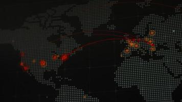 Weltkarte mit verschiedenen Zielen für Cyberangriffe. hacking- und technologiekonzept. Makroaufnahmen mit Monitorpixeln video