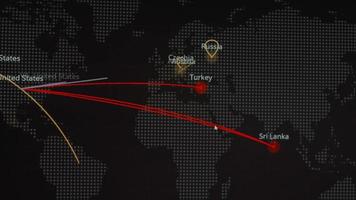 World map with different targets for cyber attack. Hacking and technology concept. Macro shooting at monitor pixels video