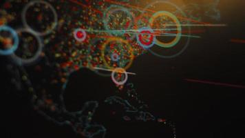 World map with different targets for cyber attack. Hacking and technology concept. Macro shooting at monitor pixels video