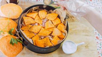 Batat sweet potato cake. Potato and ham and parmesan recipe. Macro shooting video