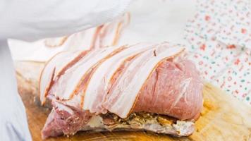 BACON wraped PORK LOIN roasted in APPLE CIDER recipe. Pork cooked on a grill pan video