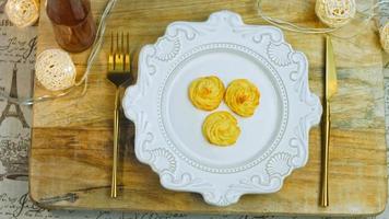 Potato cookies canonic recipe Brie, parmesan and Heavy cream. It is used to decorate retro plate and gold fork video