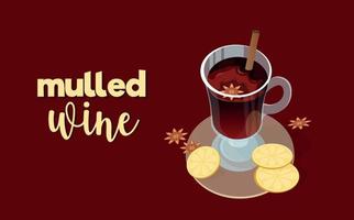 winter mulled wine with cinnamon, Hot Christmas drink mulled wine with orange and spices vector