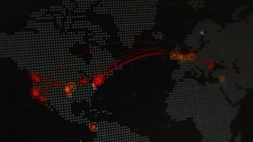 World map with different targets for cyber attack. Hacking and technology concept. Macro shooting at monitor pixels video