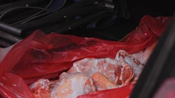 vue rapprochée des mains dans des gants emballant des cuisses de poulet d'une boîte dans des sacs en plastique individuels. processus de congélation de la viande pour une utilisation ultérieure à la maison. Vidéo 4k avec jeu léger video