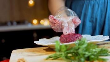 Pkhali traditional Georgian food. Beetroot is used for the purple color. Walnut is used for decoration video