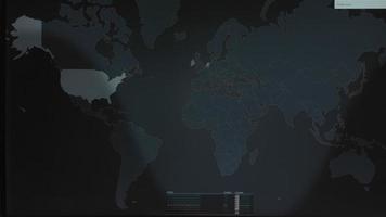 World map with different targets for cyber attack. Hacking and technology concept. Macro shooting at monitor pixels video