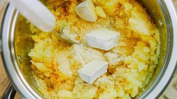 Potato cookies canonic recipe Brie, parmesan and Heavy cream. It is used to decorate retro plate and gold fork video