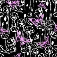 black and white dynamic pattern of wild flowers with bright purple butterflies, seamless repeat pattern, texture, design photo