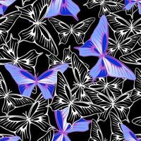 bright seamless pattern of blue-violet and black-and-white butterflies on a black background, texture, design photo