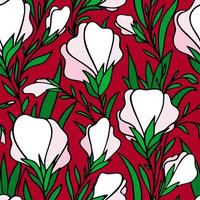 seamless pattern of large white and pink flower buds on a red background, bright floral texture, design photo