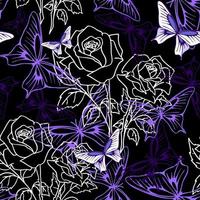 seamless pattern of white graphic roses and purple butterflies on a black background, text, design photo