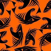 bright seamless pattern of black graphic fish skeletons on an orange background, texture, design photo