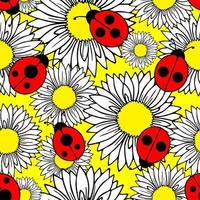 seamless pattern of graphic flowers of daisies and ladybugs on a yellow background, text, design photo