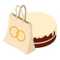 icono de postre de boda vector isométrico. bolsa de regalo con imagen de anillo de bodas y pastel