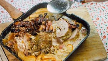 BACON wraped PORK LOIN roasted in APPLE CIDER recipe. Pork cooked on a grill pan video