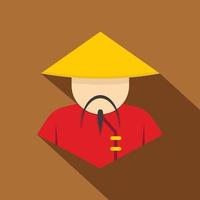 Asian man in conical, straw hat icon, flat style vector