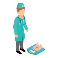 Weight control icon isometric vector. Male doctor and patient on floor scale vector