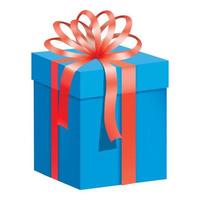 Blue gift box with red ribbon icon, flat style vector