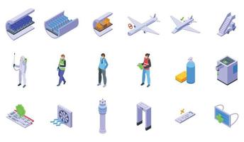 Aircraft disinfection icons set isometric vector. Airport plane vector