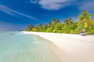 Luxury beach resort, beach loungers near the sea with white sand over sea Topical island background, summer vacation concept, holiday and tourism design. Exotic landscape, inspirational leisure banner photo