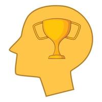 Winner cup in human head icon, cartoon style vector