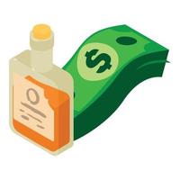 Wildwest concept icon isometric vector. Whiskey bottle and stack of dollar bill vector