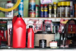 Oil filter, Air Filter, Oil lubricant, Fuel Filter and Cabin Filter  in the auto parts shop. photo