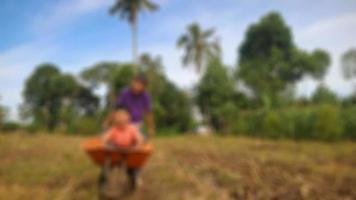 adorables niños jugando en una granja de maíz foto