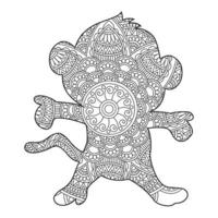 Monkey Mandala Coloring Page for Adults Floral Animal Coloring Book Isolated on White Background Antistress Coloring Page Vector Illustration