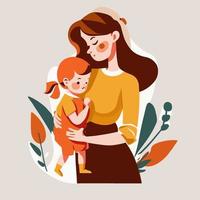 feliz día de la madre, mamá abrazo encantador bebé fondo floral vector estilo plano