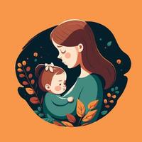 feliz día de la madre, mamá abrazo encantador bebé fondo floral vector estilo plano