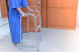 Medical and healthcare concept, Closeup of female patients practice walking with a walker in the hospital . photo