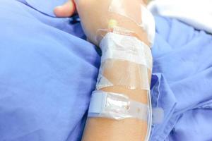 Close up of saline drip in patient's hand . Asian woman with  hospital admission. photo