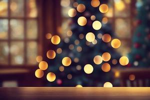 Empty wooden table. Against the background of a blurred Christmas photo