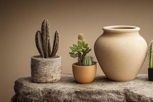 Beige ceramic pot with plant on natural marble stone podium. Studio, product photo