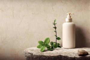 Cosmetic bottle packaging mock up. Natural marble stone background. photo