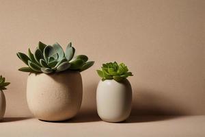 Beige ceramic pot with succulents on natural marble stone podium. photo