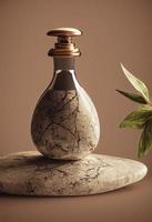 Caramic bottle on natural stone background, studio backdrop, product present photo