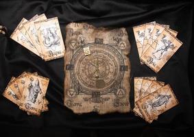 Ancient esoteric witchcraft background. Occultims and paganism old symbol, with mysterious runes alphabet photo