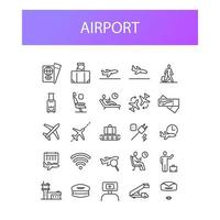 conjunto simple de iconos de línea vectorial relacionados con el aeropuerto. contiene íconos como salida, boletos, reclamo de equipaje, piloto, torre del aeropuerto, azafata y más. trazo editable vector