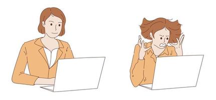 business Woman using a laptop with angry and happy expression vector