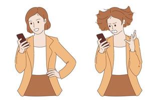 mujer usando teléfono móvil con expresión enojada y feliz vector