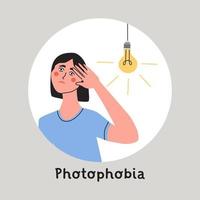 Photophobia, light sensitivity or migraine concept. Woman protects her eyes from bright light with your hands. vector