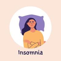 Woman suffering from insomnia. Female lying in bed and cann't sleep. Mental problem, depression vector