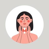 Woman showing thyroid gland on her neck. Endocrinology system symbol, organ responsible for hormone production vector