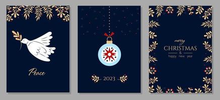 Set of christmas and happy new year greeting cards. Modern creative universal artistic templates with Dove, floral ornament and frames. Vector illustration.